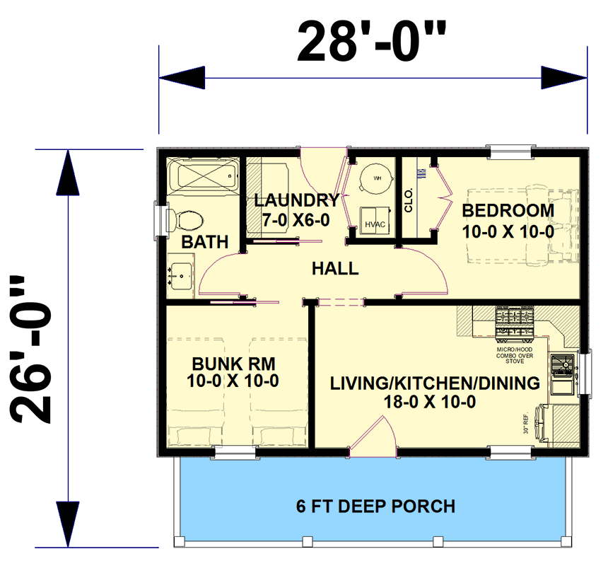 Plan 25076DH: Cozy 2-Bedroom Cabin House Plan with Bunk Room and Covered Porch - Floor Plan - Main Level - Cabin, Cottage, Farmhouse
