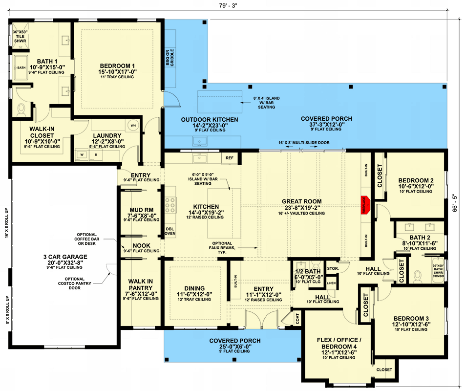 Plan 421035WNT: Transitional Modern Farmhouse House Plan with Outdoor Kitchen and Flex Space - Floor Plan - Main Level - Country, Craftsman, Modern Farmhouse, New American, Transitional