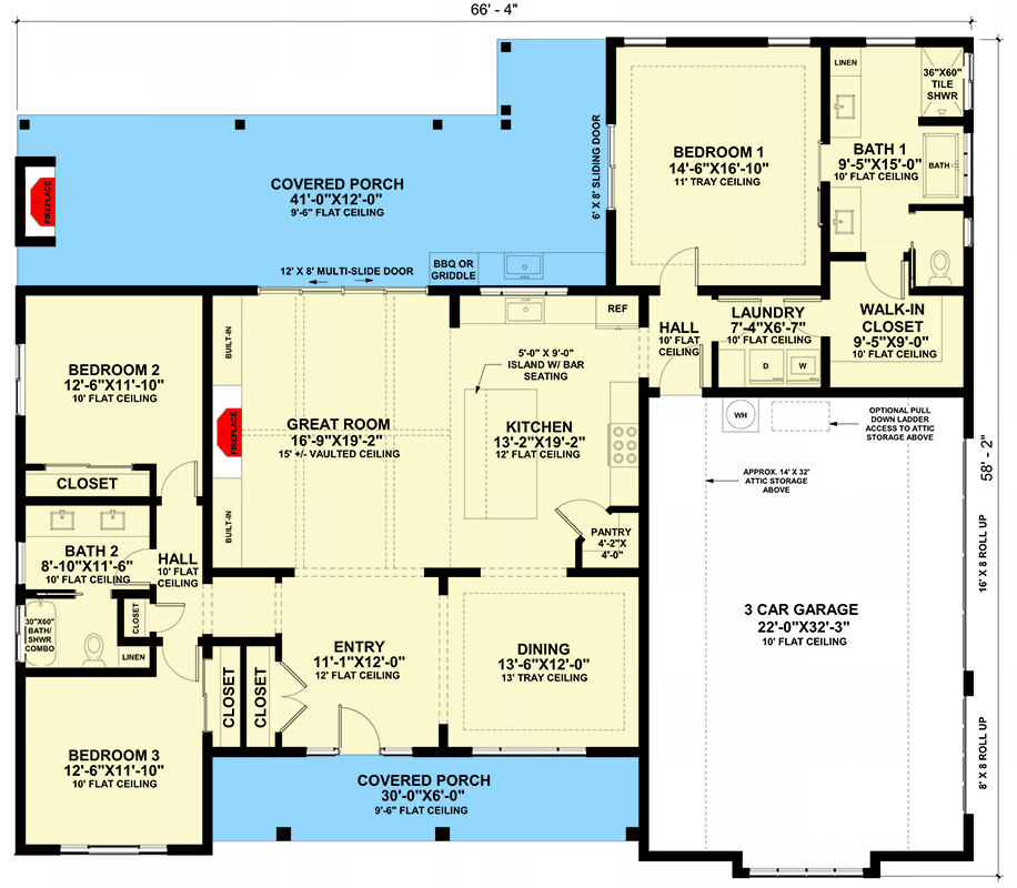 Plan 421036WNT: 3-Bedroom Modern Farmhouse Plan with Vaulted Living and Formal Dining Room - Floor Plan - Main Level - Country, Craftsman, Modern Farmhouse, New American