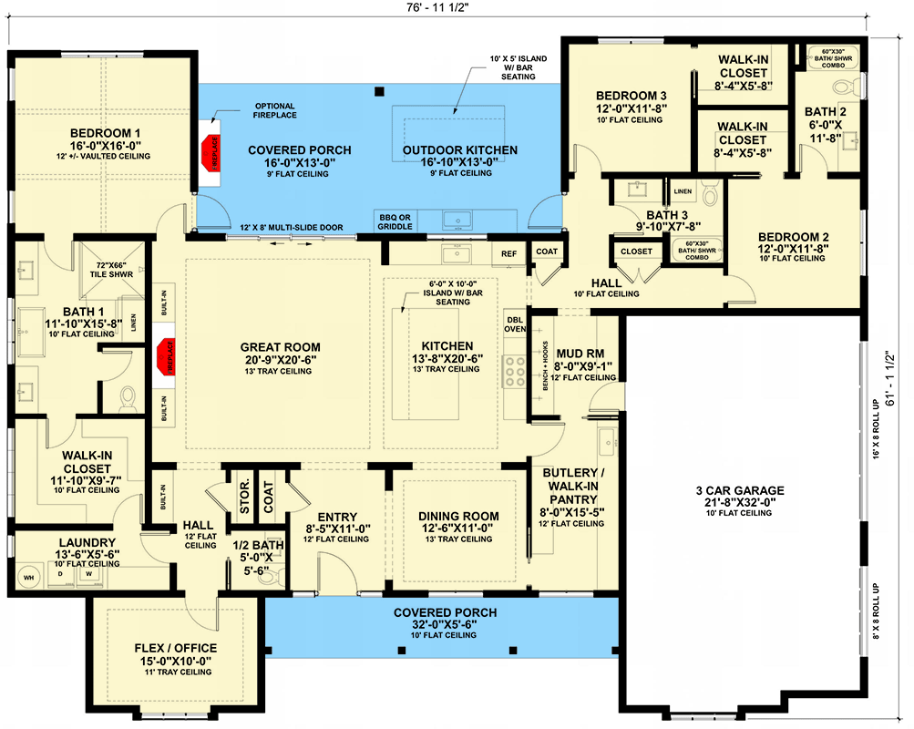 Plan 421037WNT: Transitional Modern Farmhouse House Plan with 3-Car Garage, Home Office and Outdoor Kitchen - Floor Plan - Main Level - Country, Craftsman, Modern Farmhouse, Transitional