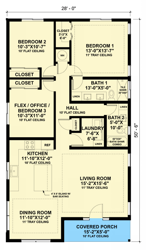 Plan 421038WNT: Sleek Contemporary 2-3 Bed House Plan with Flex Room and Covered Porch - Floor Plan - Main Level - Contemporary, Cottage, Country, Modern, Northwest