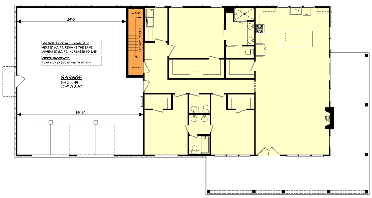 Plan 52025HZ: 3-Bed Modern Farmhouse Barndominium House Plan with Wrap-Around Porch - Floor Plan - Basement Stairs Location - Barndominium, Country, Modern Farmhouse, Traditional