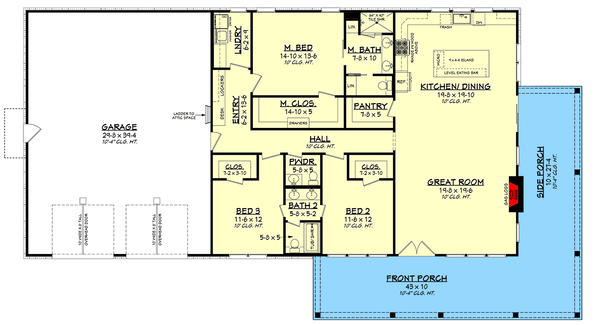 Plan 52025HZ: 3-Bed Modern Farmhouse Barndominium House Plan with Wrap-Around Porch - Floor Plan - Main Level - Barndominium, Country, Modern Farmhouse, Traditional