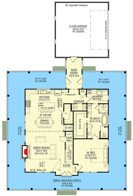 Plan 56565SM: Modern Farmhouse House Plan with Wrap-Around Porch and Two-Story Great Room - Floor Plan - Main Level - Farmhouse, Modern Farmhouse