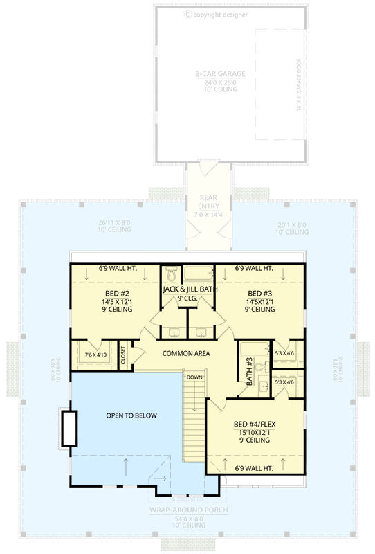Plan 56565SM: Modern Farmhouse House Plan with Wrap-Around Porch and Two-Story Great Room - Floor Plan - 2nd Floor - Farmhouse, Modern Farmhouse