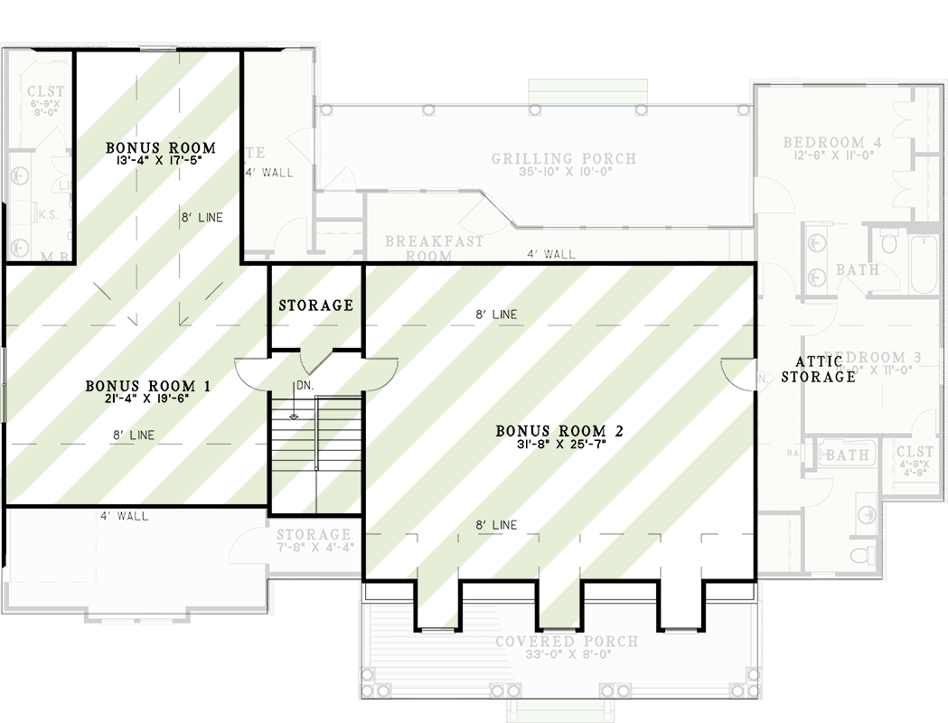 Plan 60725ND: Charming Country Farmhouse Plan with 4 Bedrooms and Optional Bonus Room - Floor Plan - 2nd Floor - Country, Farmhouse, Low Country, Southern, Traditional