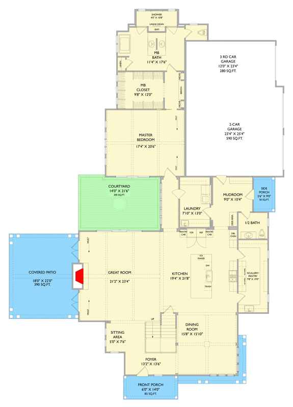 Plan 750016LDG: Modern Transitional Farmhouse Plan with First-Floor Master and Courtyard - Floor Plan - Main Level - Farmhouse, Transitional