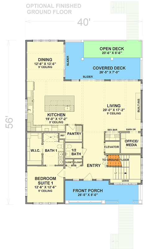 Plan 765053TWN: Elevated House Plan with 4 Beds and an Elevator for Ease of Access - 2939 Sq Ft - Floor Plan - Main Level - Beach, Coastal, Coastal Contemporary, Low Country