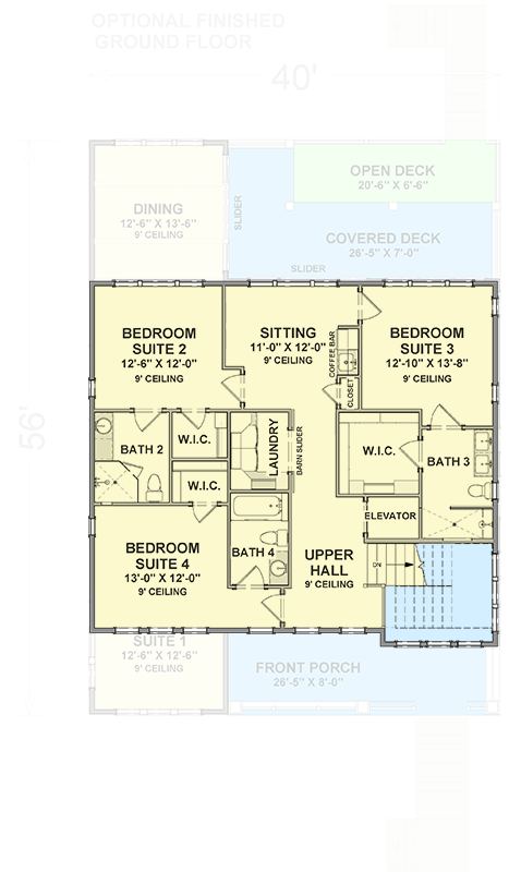 Plan 765053TWN: Elevated House Plan with 4 Beds and an Elevator for Ease of Access - 2939 Sq Ft - Floor Plan - 2nd Floor - Beach, Coastal, Coastal Contemporary, Low Country