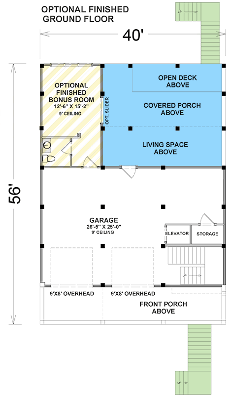 Plan 765053TWN: Elevated House Plan with 4 Beds and an Elevator for Ease of Access - 2939 Sq Ft - Floor Plan - Lower Level With Optional Bonus Room ($150) - Beach, Coastal, Coastal Contemporary, Low Country