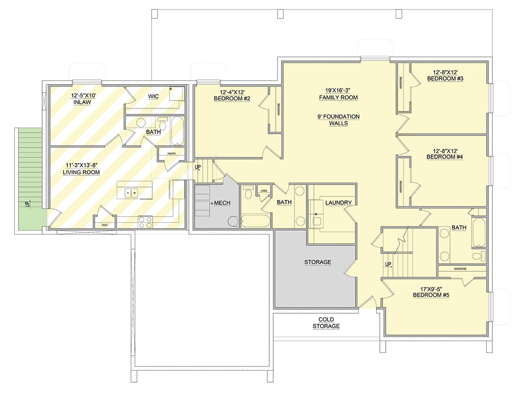 Plan 849043PGE: 5-Bed Single-Story Contemporary House Plan with In-Law Suite - 4199 Sq Ft - Floor Plan - Lower Level - Contemporary, Scandinavian