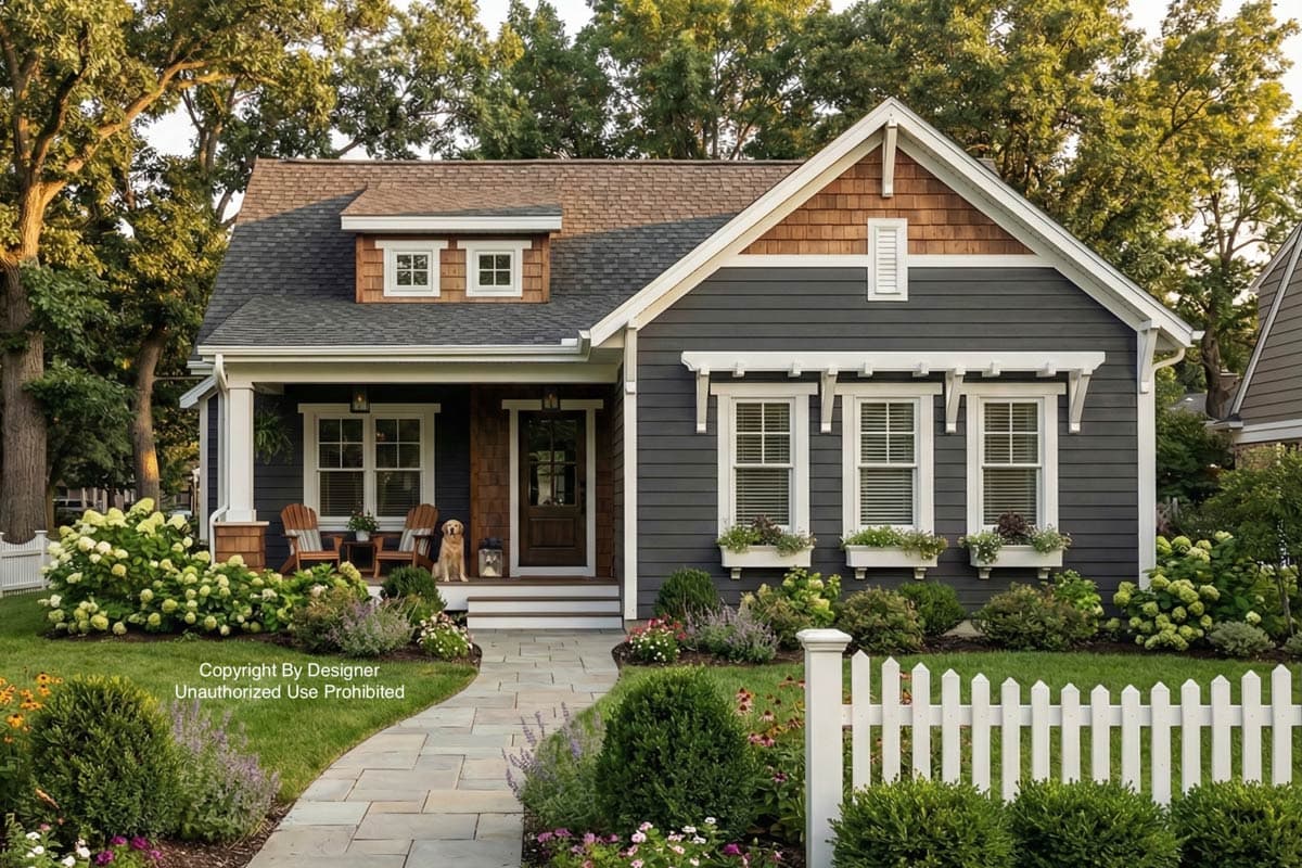 A charming, dark-grey house with white trim and a brown roof sits behind a white picket fence, with a dog on the porch.