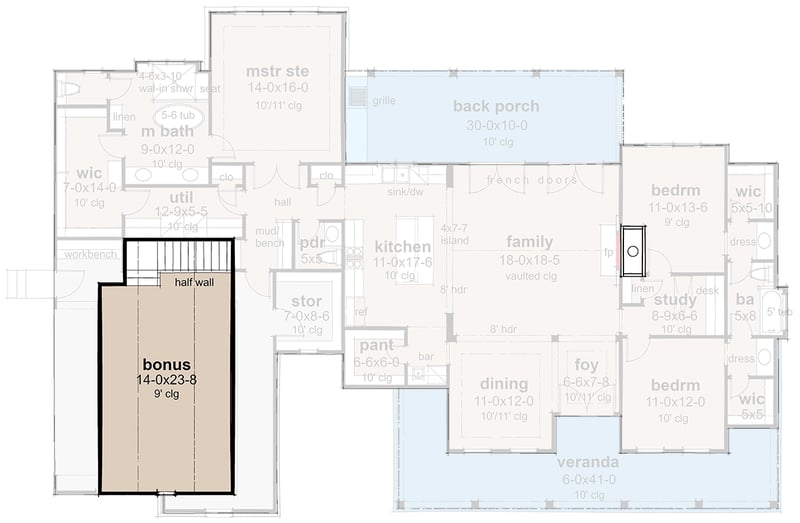 Plan 16935WG: Modern Farmhouse Plan with Outdoor Kitchen and Living Area - 2093 Sq Ft - Floor Plan - Optionally Finished Bonus Room - Country, Farmhouse, Modern Farmhouse