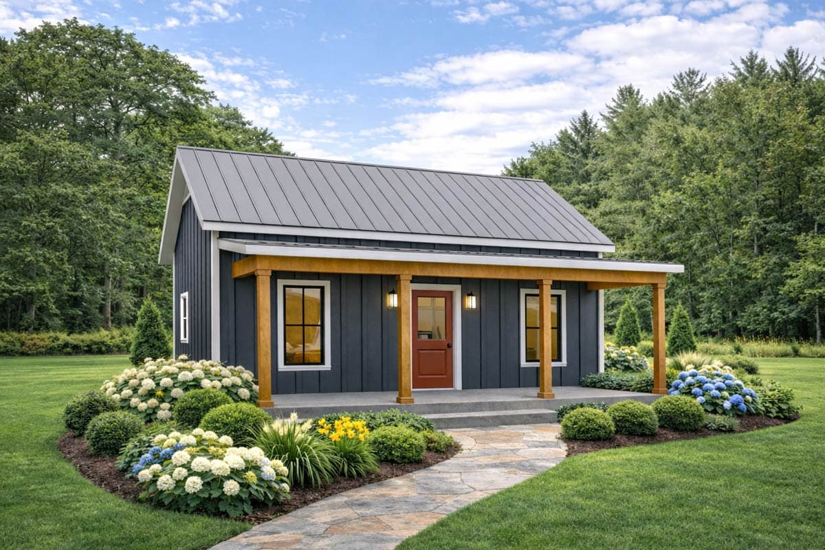 A small, modern cabin with a gray roof and dark blue siding. It has a wooden porch and is surrounded by lush green landscaping and a stone pathway.