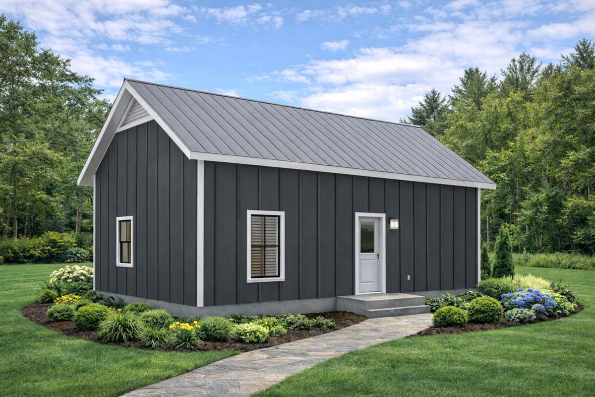 Plan 25076DH: Cozy 2-Bedroom Cabin House Plan with Bunk Room and Covered Porch - Image #2 - Cabin, Cottage, Farmhouse