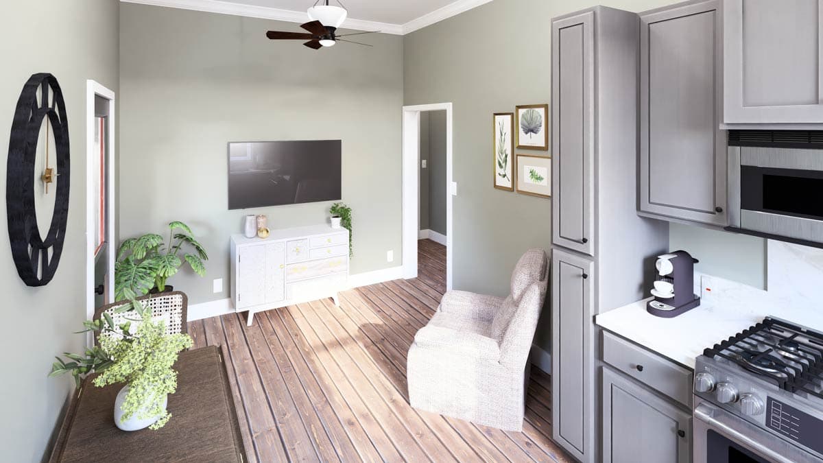 Plan 25076DH: Cozy 2-Bedroom Cabin House Plan with Bunk Room and Covered Porch - Image #4 - Cabin, Cottage, Farmhouse