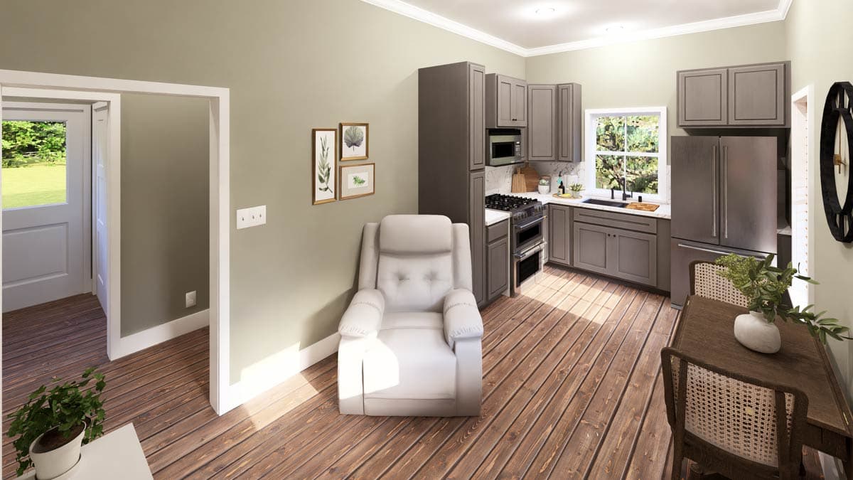 Plan 25076DH: Cozy 2-Bedroom Cabin House Plan with Bunk Room and Covered Porch - Image #3 - Cabin, Cottage, Farmhouse