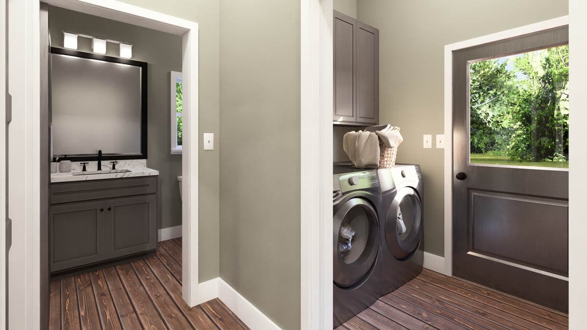 Plan 25076DH: Cozy 2-Bedroom Cabin House Plan with Bunk Room and Covered Porch - Image #5 - Cabin, Cottage, Farmhouse