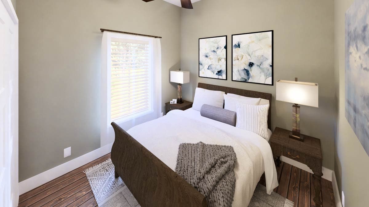 Plan 25076DH: Cozy 2-Bedroom Cabin House Plan with Bunk Room and Covered Porch - Image #7 - Cabin, Cottage, Farmhouse