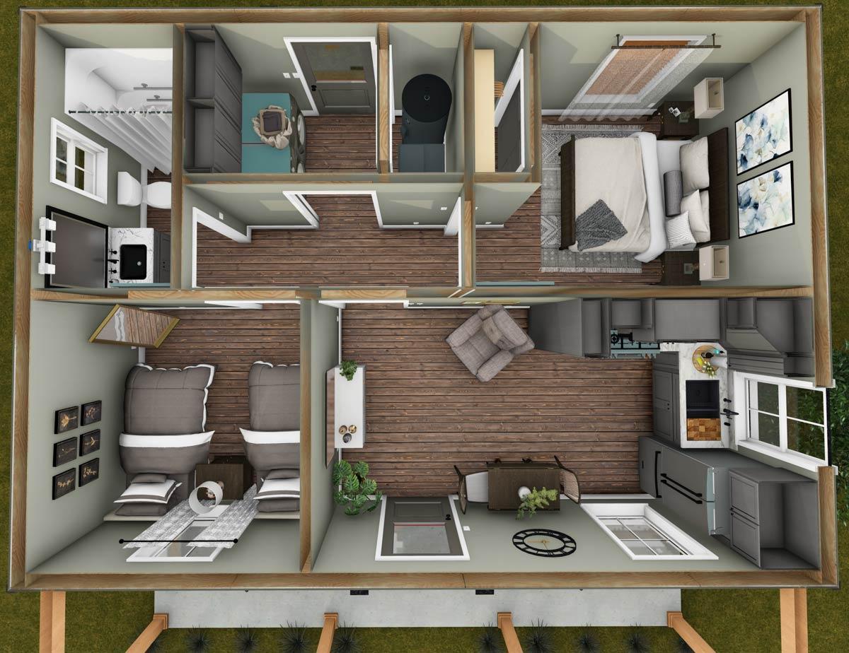 Plan 25076DH: Cozy 2-Bedroom Cabin House Plan with Bunk Room and Covered Porch - Image #10 - Cabin, Cottage, Farmhouse