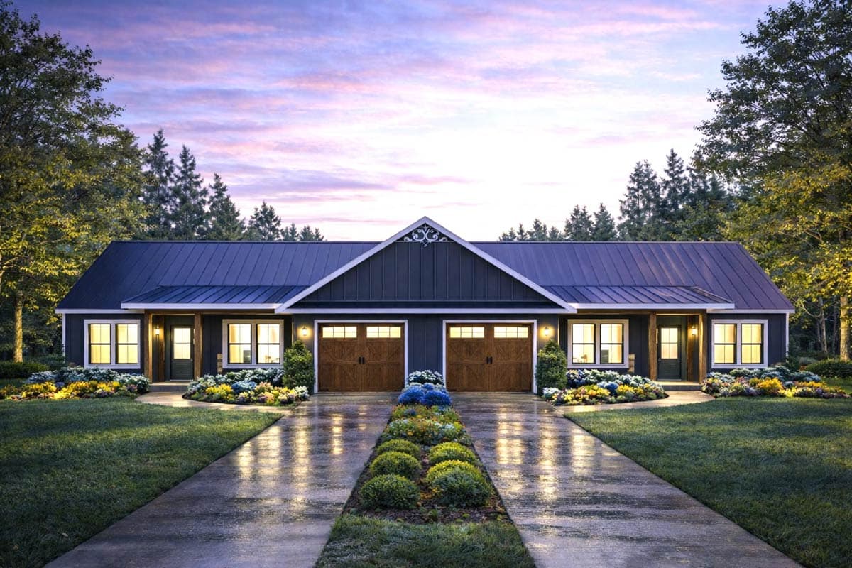 Plan 25077DH: Ranch Style Duplex House Plan with Six Bedrooms and Twin Garages - Image #3 - Country, Ranch, Southern, Traditional