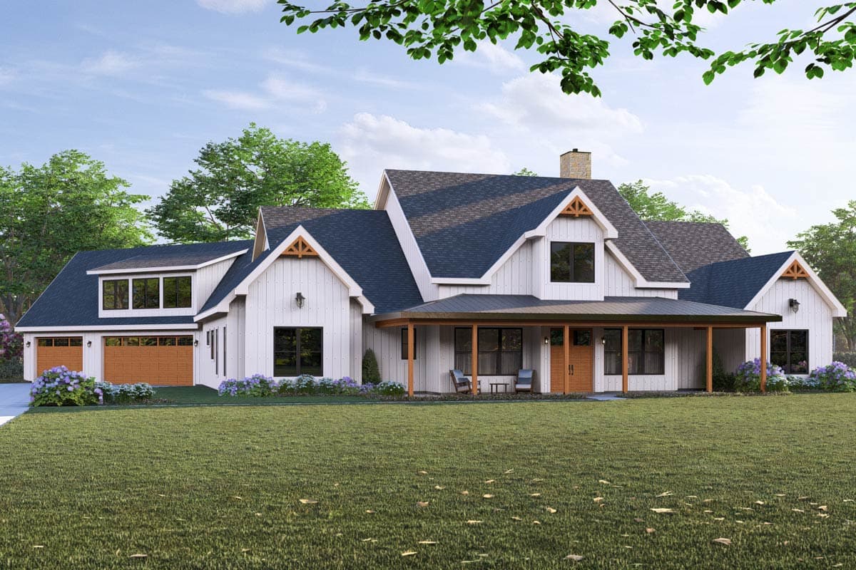 Plan image - 405109FDC:4-Bedroom Modern Farmhouse House Plan with Angled 3-Car Garage
