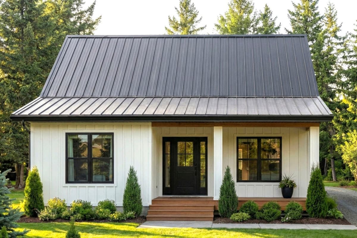 House plan exterior with board and batten siding, metal roof, and covered porch. Features include a single story and front entry with glass door.
