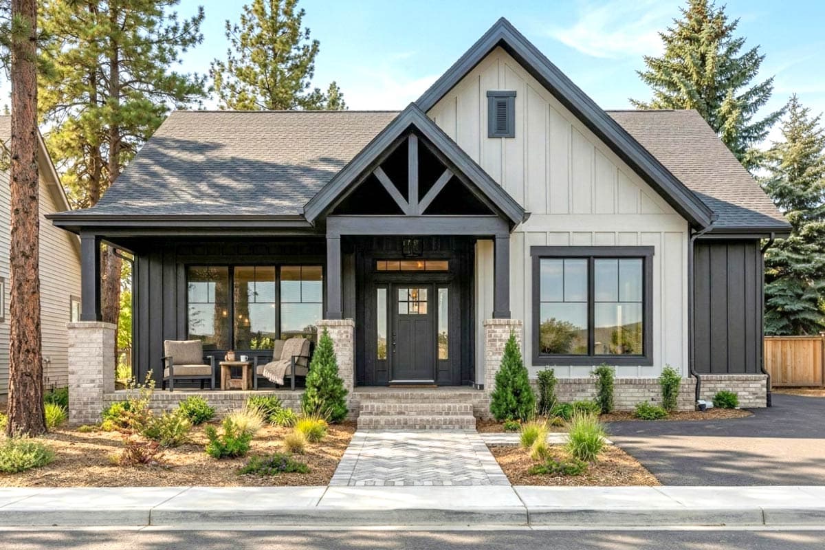 House plan exterior. Modern Farmhouse style, single story, with a covered porch, gabled roof, and decorative truss detail.