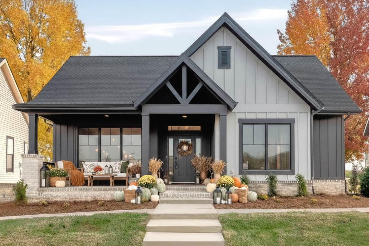 A modern farmhouse decorated for autumn, featuring pumpkins, mums, and lanterns. A cozy porch with seating leads to the front door, inviting visitors.