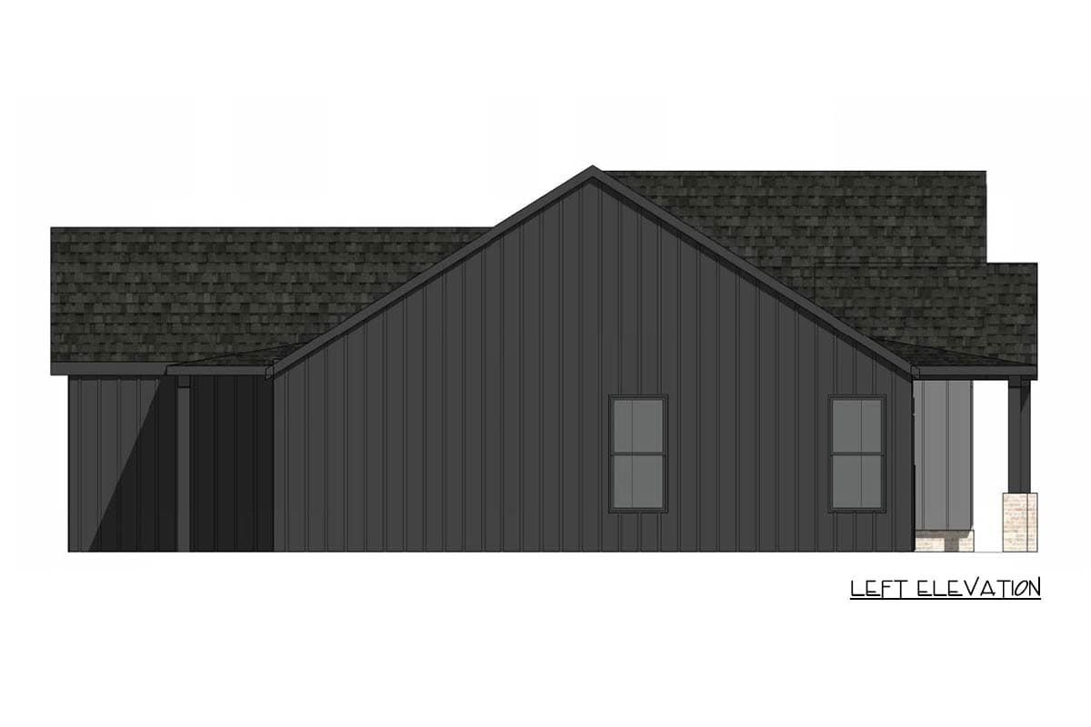 Architectural drawing of a modern house with a black exterior. The left elevation view shows the side with windows and a covered porch.