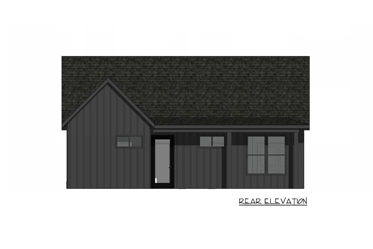 Rear elevation of a modern house design with dark siding, black roof, and multiple windows.
