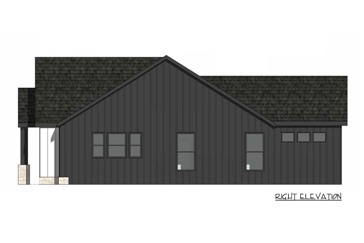 Right elevation of a modern house with dark siding and a gable roof. Features include multiple windows and a covered porch.