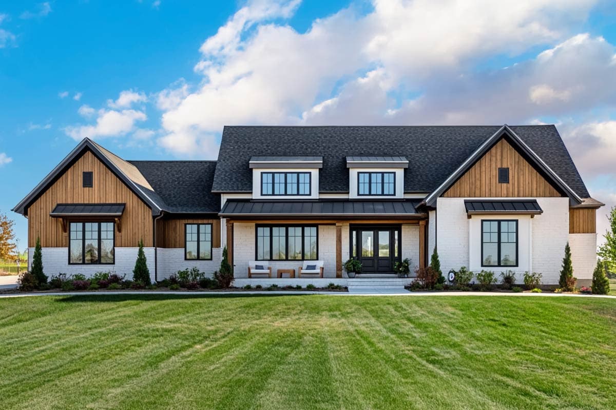 A modern farmhouse with a dark roof and black window frames. The house features a white brick exterior with wood accents, and a well-manicured lawn.
