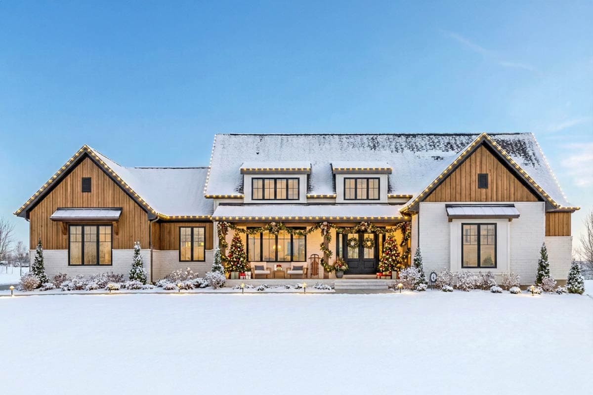 A snow-covered, two-story house decorated for Christmas, with lit garland, trees, and lights, creating a festive winter scene.