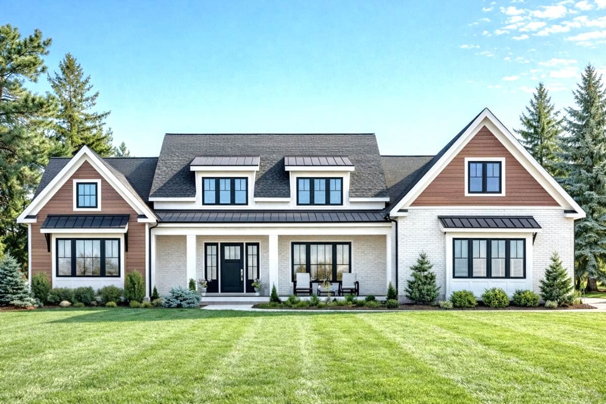 A modern, two-story house with a white brick facade, dark trim, and a welcoming front porch. Lush green lawn with evergreens and a clear blue sky.
