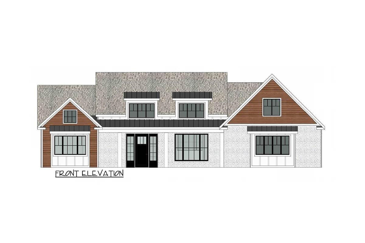 Architectural front elevation of a modern farmhouse. Features include a brick exterior, gabled roof, and multiple windows with black frames and trim.