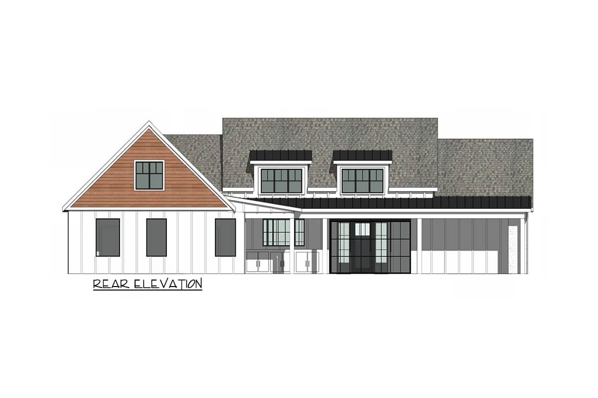 Architectural rendering of a modern farmhouse. Features a gabled roof, dormers, and a covered porch with large windows, labeled "REAR ELEVATION."