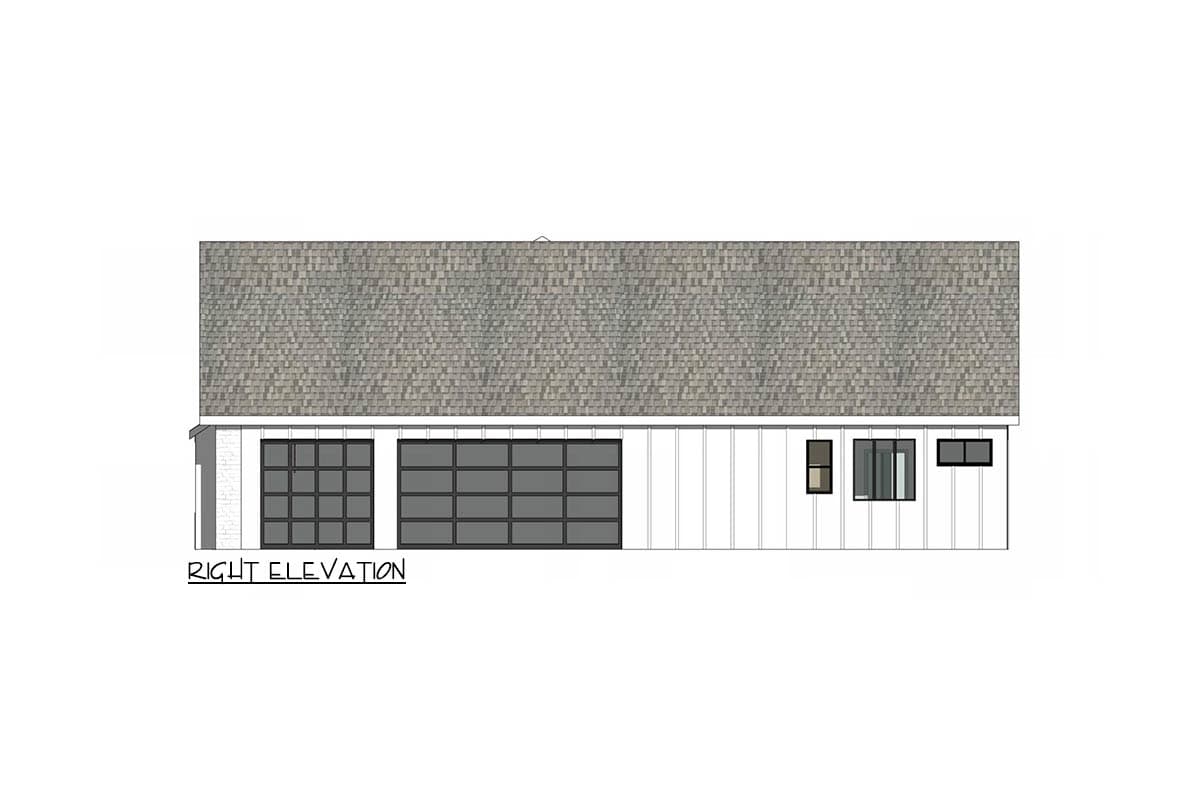 Architectural rendering of the right elevation of a modern house, showing garage doors, windows, and a shingled roof under a white trim.