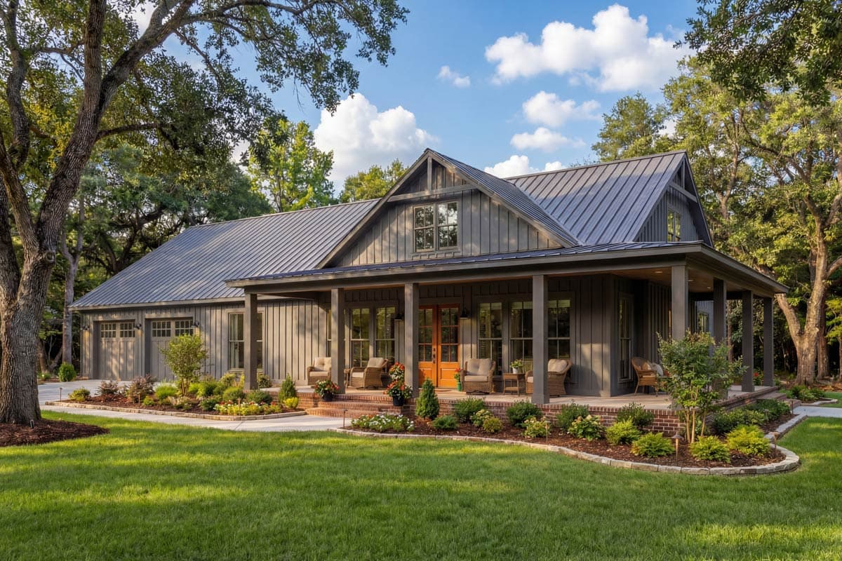 A grey-sided farmhouse with a wrap-around porch and metal roof sits on a well-manicured lawn, surrounded by mature trees under a blue sky.