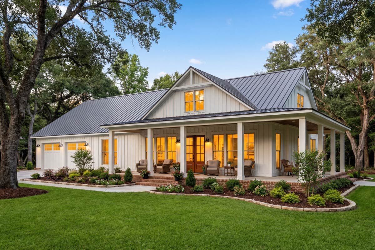 A white farmhouse with a large porch and a dark metal roof. The house is surrounded by green grass, trees, and small garden beds.