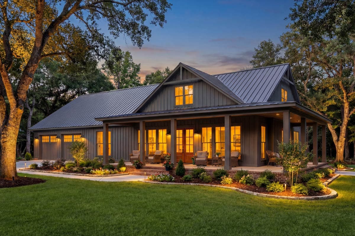 A modern farmhouse at dusk. The home has a dark exterior, a large porch with seating, and warm interior lighting. Lush landscaping surrounds the home.