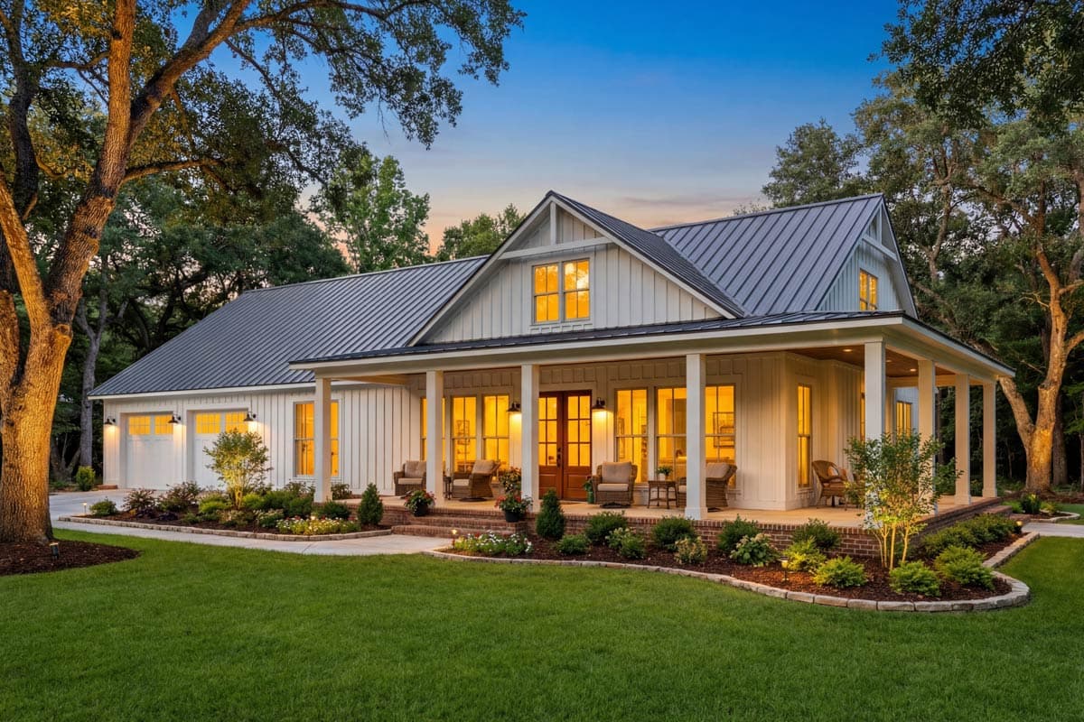 A beautiful white farmhouse with a dark metal roof, lit windows, and a wraparound porch at dusk, surrounded by lush green lawn and trees.