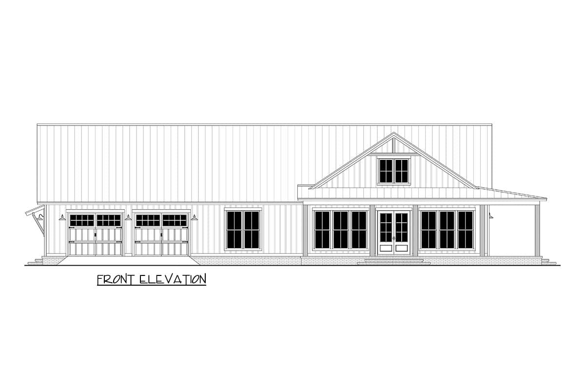 Line drawing of a house front elevation. Features a large metal roof, multiple windows, garage doors, and a porch with columns.