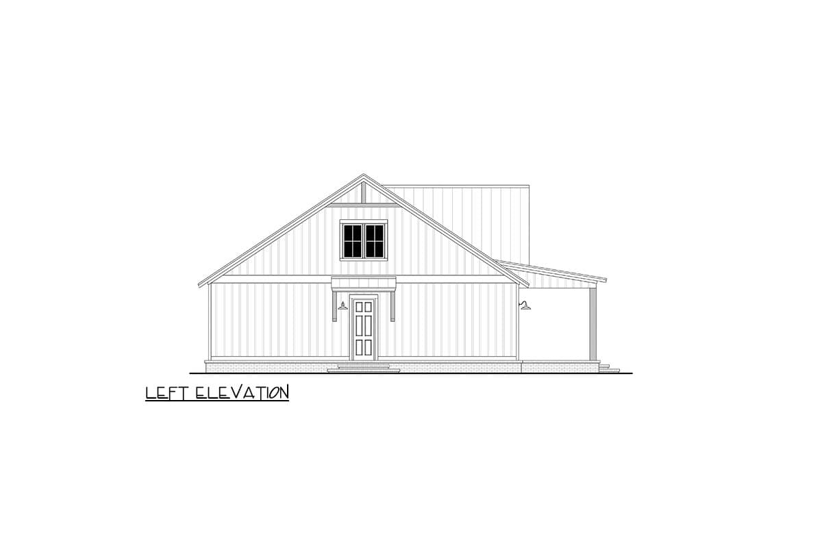 Line drawing of a house elevation. The design features a gabled roof, a small window in the gable, and a covered porch on the side.