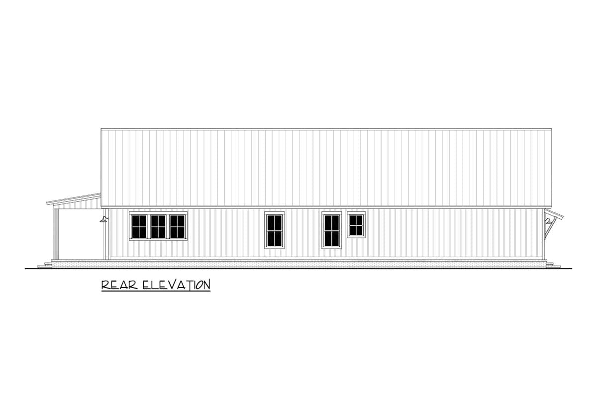 Rear elevation architectural drawing of a building with multiple windows, a porch, and a corrugated metal roof, rendered in black and white.