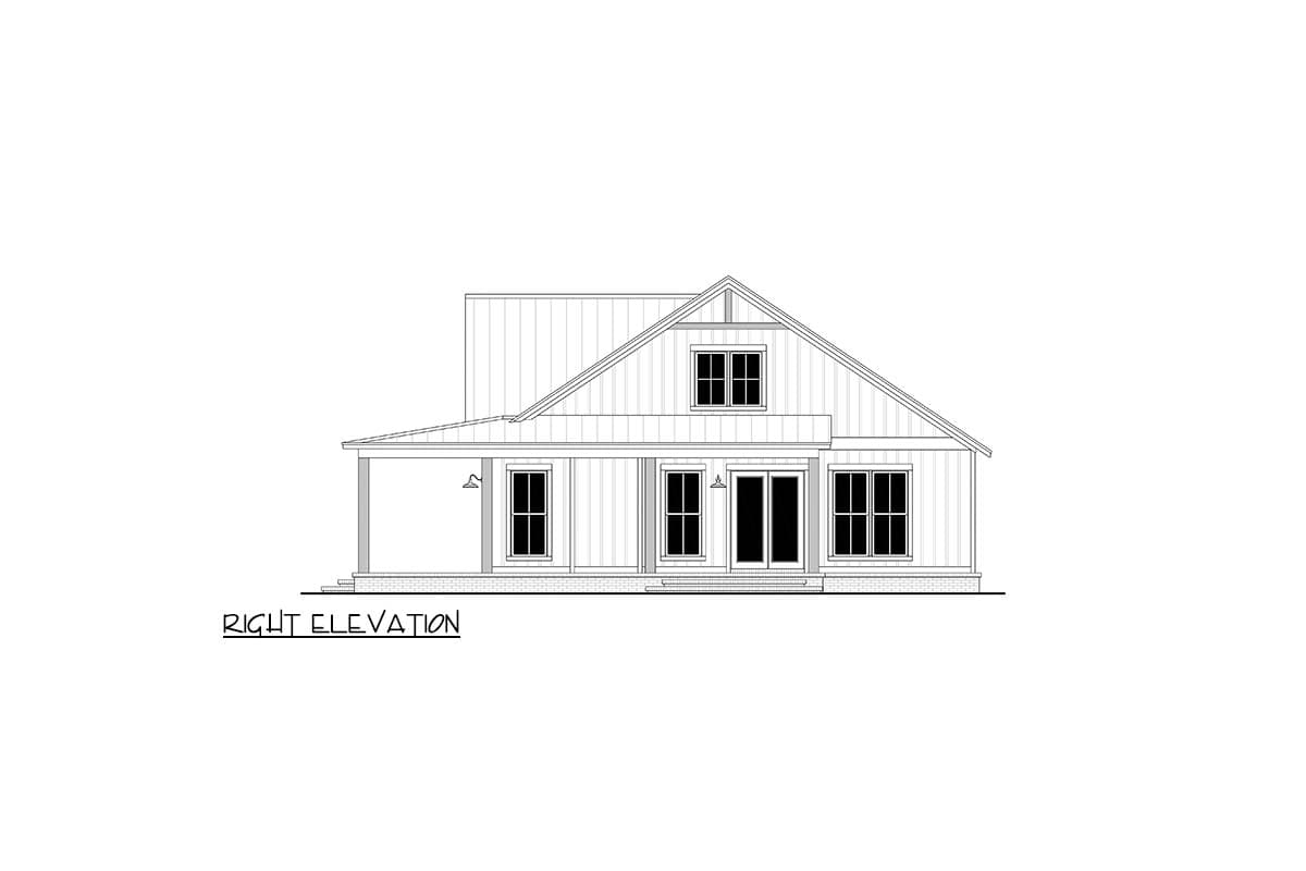 Line drawing of a house's right elevation, showcasing a gabled roof, multiple windows, and a covered porch area. Includes text at the base.