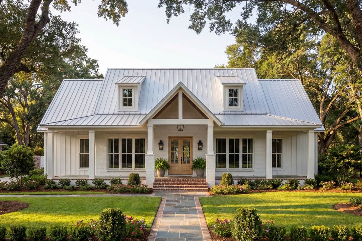 House plan exterior featuring a farmhouse style with a metal roof, two dormers, and a front porch with pillars and brick steps.
