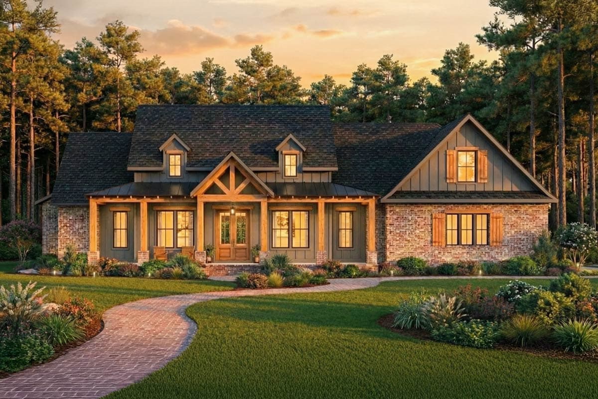 A craftsman-style house with a brick exterior, wooden accents, and a winding brick path. Lush greenery and tall trees surround the home at sunset.