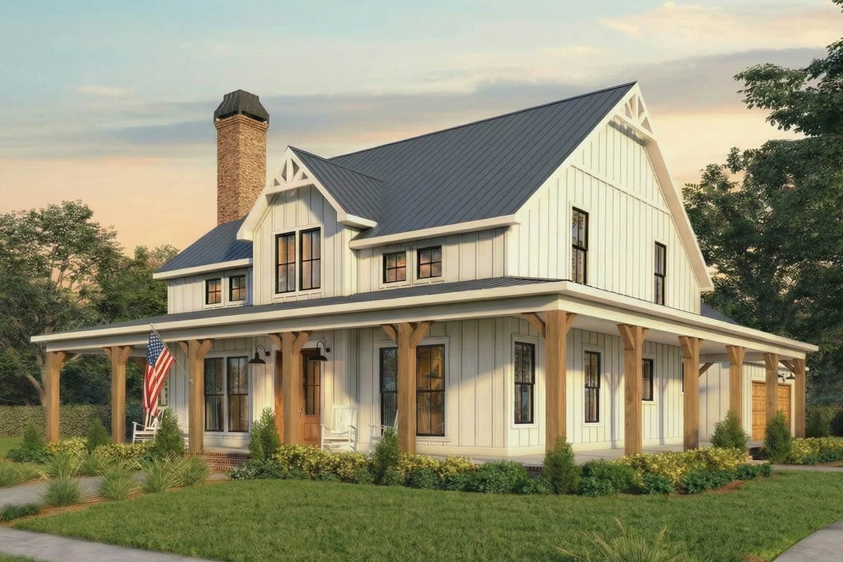Plan 56565SM: Modern Farmhouse House Plan with Wrap-Around Porch and Two-Story Great Room - Image #2 - Farmhouse, Modern Farmhouse