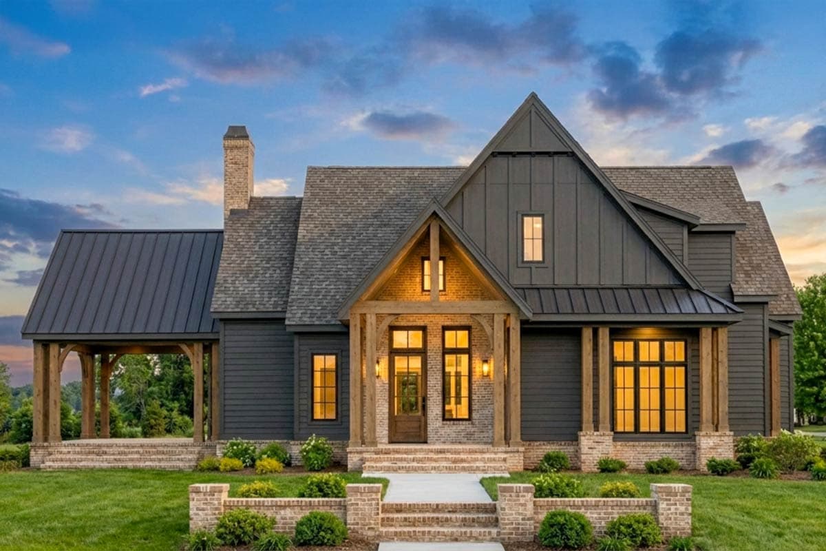 A dark gray farmhouse with a brick foundation and porch. Warm lighting glows from inside the windows and the covered front porch during dusk.